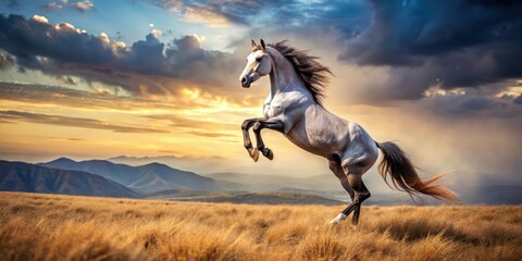 Naklejka premium Stylistic rearing horse with landscape incorporated, rearing, horse, landscape, pine trees, hills, cloudy skies, gray