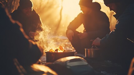 Campers enjoying a warm fire at sunset in the woods