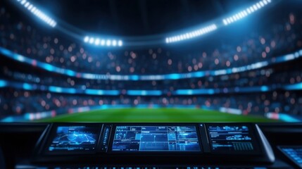 Futuristic Sports Stadium Control Room with High-Tech Displays and Empty Field Ready for Game Day