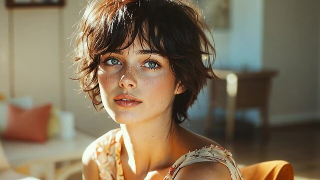 Short Pixie Haircut: A captivating portrait of a young woman with a chic, short, curly pixie haircut, bathed in warm, natural light.