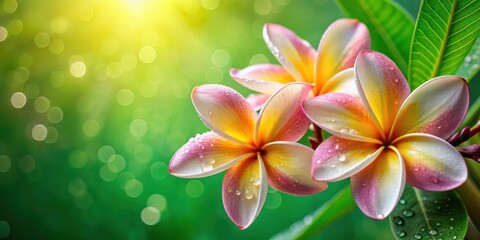 Fototapeta premium Close-up of plumeria flowers with water drops on vibrant green background, Plumeria, flowers, water drops, green, background