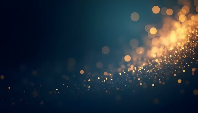 Fondo abstracto azul oscuro y dorado con part&iacute;culas y luces de Navidad