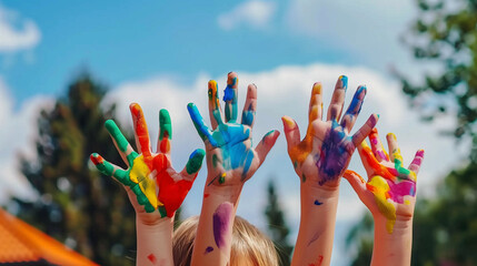 Children's Colorful Painted Hands and Smiling Faces, Uplifted in Joy and Diversity, Ideal for School or Kids' Club Banner Design