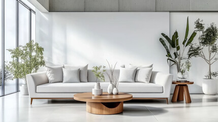 Grey sofa against concrete wall. Loft, minimalist home interior design living room