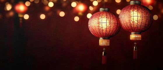 Obraz premium Serene and inviting red lanterns illuminated by fairy lights against a burgundy wall, ideal for Chinese New Year celebrations and festive decorations.