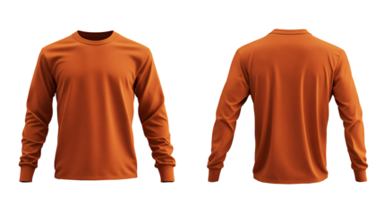 Orange long sleeve plain t-shirt mockup, with front and back views, isolated on white and transparent background.