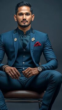 Stylish man in a blue suit with brooches poses confidently in a modern studio setting during a photoshoot