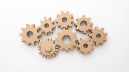 Collaborative effort symbolized by stacked wooden gears in minimalist environment