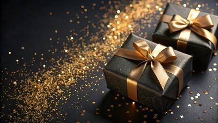 Chic black and gold gift boxes with sparkling ribbons on dark background, gift boxes, black and gold, elegant, luxury