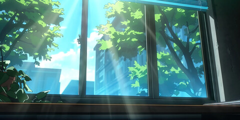 Indoor View of Window with Cityscape and Foliage