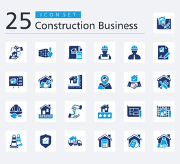 CONSTRUCTION BUSINESS ICON SET COLOR FILL STYLE with technical drawing, payment, brickwall, finance, worker, manager, contract, presentation, house repair and measuring