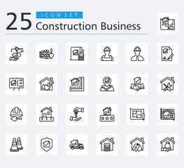 CONSTRUCTION BUSINESS ICON SET OUTLINE STYLE with technical drawing, payment, brickwall, finance, worker, manager, contract, presentation, house repair and measuring