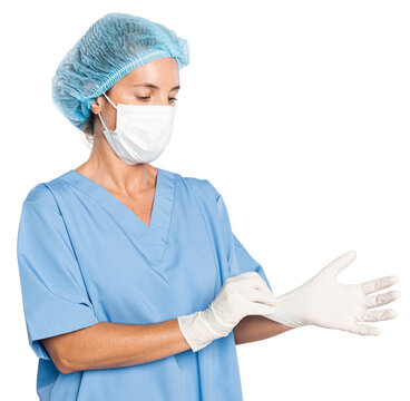 Female surgeon png mockup wearing medical gloves