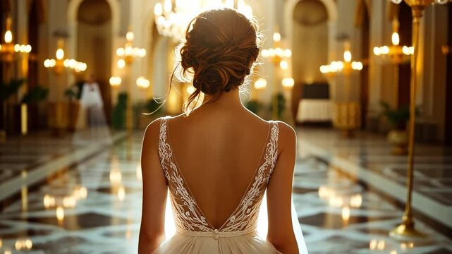 A Bride's Elegant Entrance: Back view of a bride in a stunning backless wedding gown, walking down a grand palace hallway, bathed in sunlight.  A moment of serene elegance before the ceremony. 