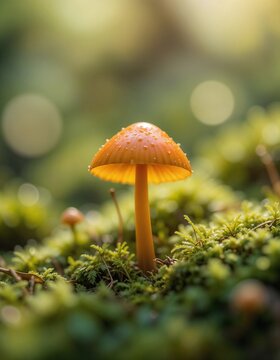 Macro shot of an orange Mycena acicula mushroom on a lush, green forest floor, radiating vibrancy amidst nature's serenity.