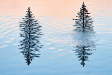 Serene Reflection Twin Pines on Calm Water at Dawn