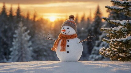 Obraz premium A cheerful snowman stands in a snowy landscape. It wears an orange knit hat and scarf, its face is adorned with coal eyes and a carrot nose. The sun sets behind creating a warm glow.