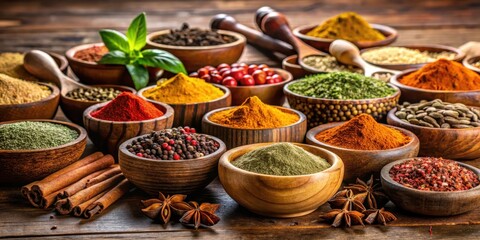 Assorted spices in wooden bowls on a rustic table, spices, wooden bowls, rustic, table, cooking, kitchen, food, seasoning