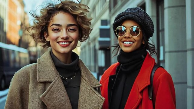 Urban Chic: Two stylish women radiate confidence and a touch of effortless cool while strolling through a bustling city street.