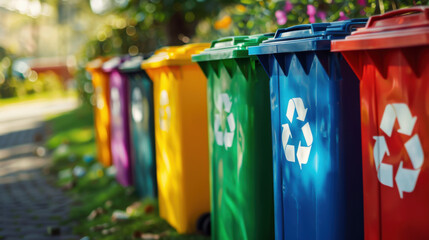 Collection of waste bins full of different types of garbage, recycling and separate waste collection concept