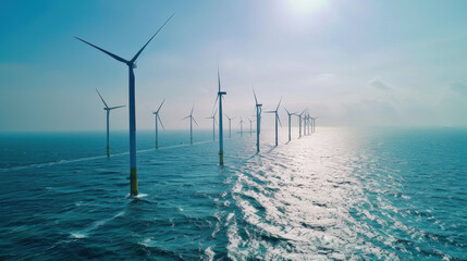 Windmill park in the ocean, drone aerial view