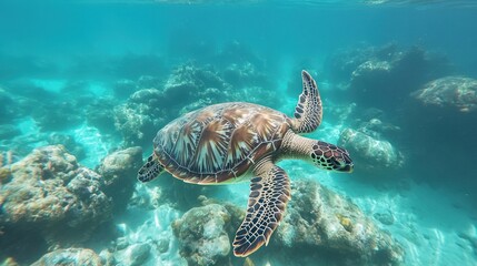 Obraz premium A sea turtle gliding gracefully over a vibrant coral reef underwater.