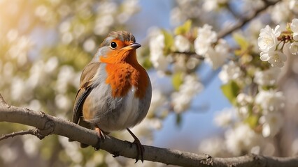 "Portrait of a Robin Bird Perched in a Tree on a Sunny Spring Day with Blurred Background"
