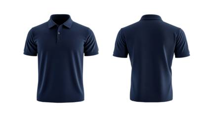 plain navy or dark blue polo t-shirt mockup design. front and back views. isolated on white and transparent background.