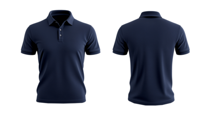 plain navy or dark blue polo t-shirt mockup design. front and back views. isolated on white and transparent background.
