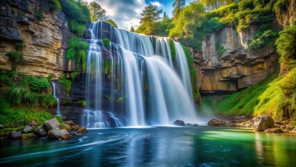 Naklejka premium Serene waterfall cascading down a smooth cliff edge , waterfall, serene, cascade, water, nature, cliff, peaceful, tranquil