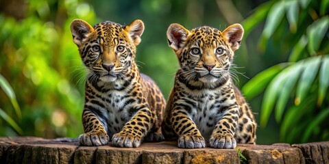 Naklejka premium Adorable jaguar cubs playing in natural habitat, jaguar, cubs, wildlife, animals, nature, playful, baby, feline, spotted, jungle, fur
