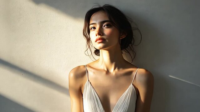 Sunlit Serendipity: A captivating portrait of a young woman, bathed in the warm glow of sunlight streaming through a window.