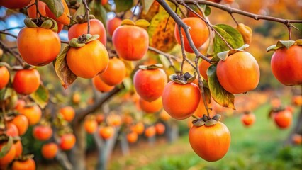 Ripe persimmons ready to be picked in a fall orchard, persimmons, autumn, harvest, fruit, delicious, sweet, ripe, seasonal, orange