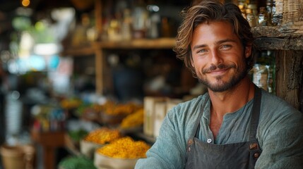 Fototapeta premium Portrait of a smiling man in a rustic market