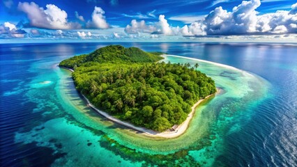 Aerial view of an exotic tropical island with a sea beach, green forest, blue sky, and clouds, tropical, island