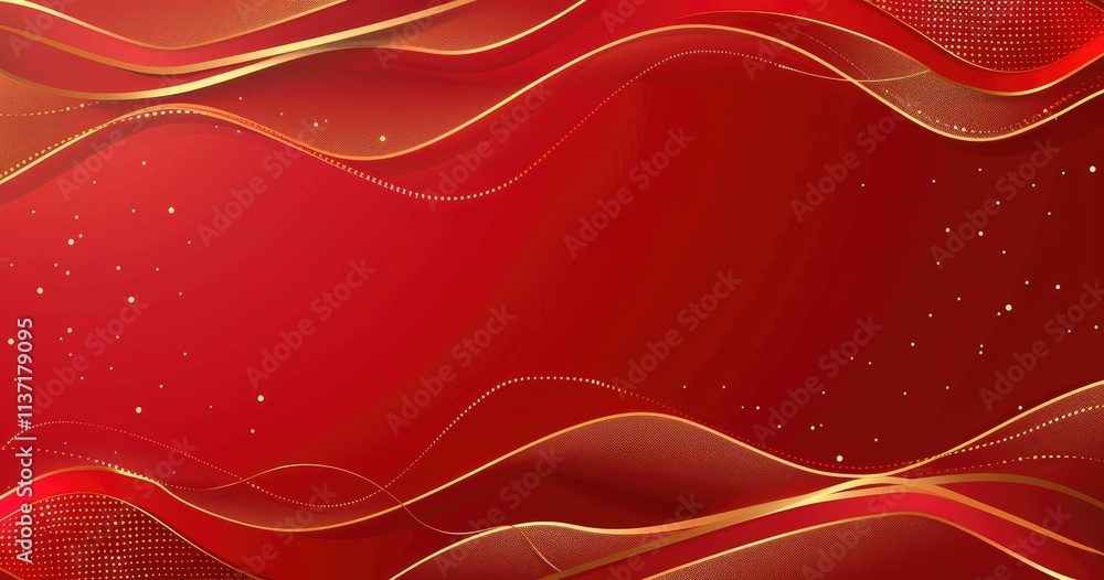 Poster a vibrant red background with flowing golden waves and subtle sparkles, ideal for design use.