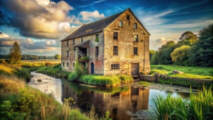Obraz premium Old abandoned mill in a rural landscape, abandoned, mill, rural, vintage, decayed, derelict, building, overgrown