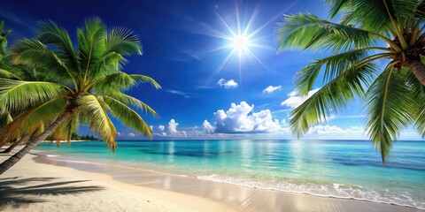 Sunny tropical beach with palm trees and clear blue water, tropical, beach, palm trees, sand, paradise, ocean, vacation
