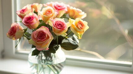 Obraz premium Fresh roses in a vase by the window