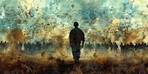 Silhouette of Soldier Facing Army in Battlefield Setting