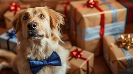 Festive dog surrounded by wrapped gifts