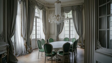 Elegant dining room with round table, green chairs, chandelier, and draped curtains.