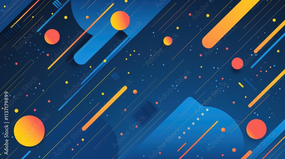 Poster abstract design featuring colorful circles and lines on a blue background.