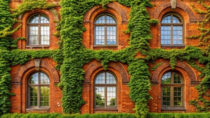 Fototapeta premium Red brick building with arched windows and green ivy climbing the walls, architecture, brick, building, heritage, historic