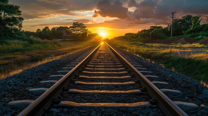 Train tracks leading to a vibrant sunset.