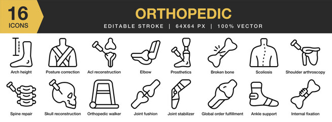 Orthopedic icon set. Editable Stroke Icon Collection. Includes medical, pain, orthopedic, disease, anatomy, and More. Outline icons vector collection.