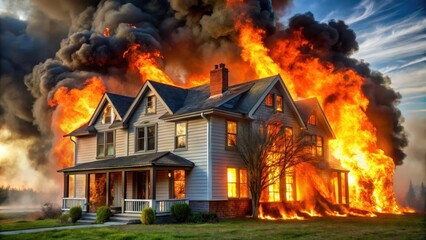 House fire with flames and smoke billowing out, house fire, flames, smoke, burning, danger, destruction, emergency, disaster