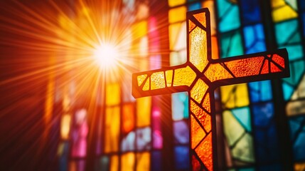 Cross on the stained glass window of the church in the rays of the sun. Abstract mosaic background.