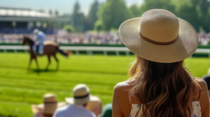 Fototapeta premium Woman in wide-brimmed hat watching horse race at equestrian event. Outdoor photography with green field and crowd in background. Horse racing and summer leisure concept for banners and posters