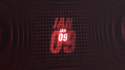 9 January. Calendar with number and month in neon red with grid background. 4k. 